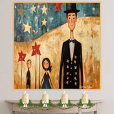 Whimsical 4th of July Folk Art Print – Patriotic Family Celebration with Stars and Stripes on Ready to Hang 1.5" Thick Canvas Wrap, Floating Framed Canvas, Flat Rolled Canvas
